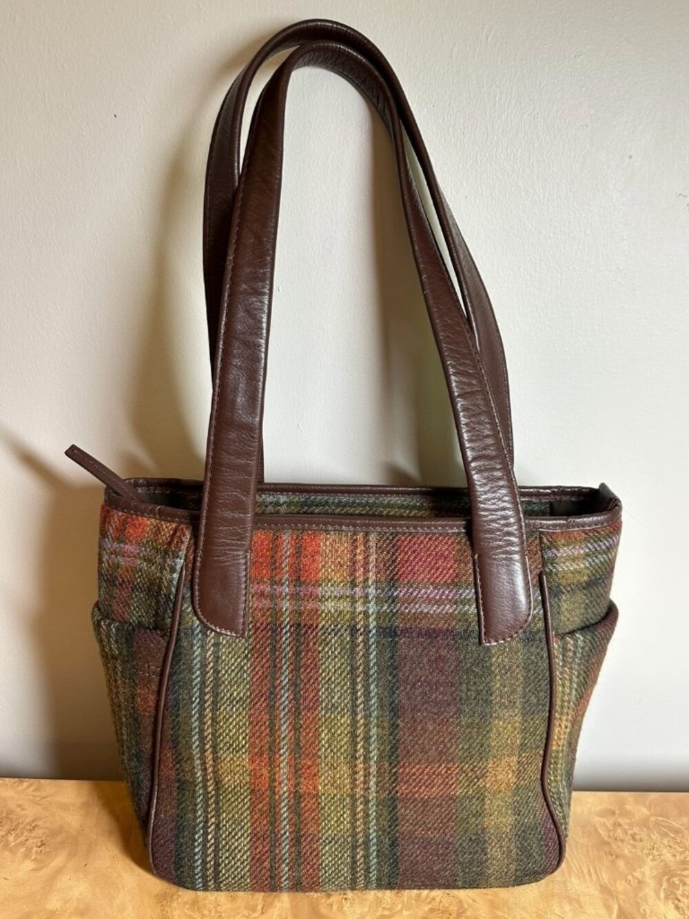 Johnstons Fine Scottish Tweed Plaid Wool Leather Tote Shoulder Bag Scotland